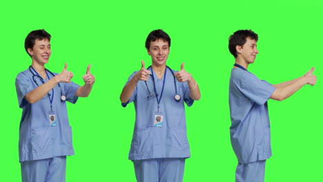 Cheerful-nurse-giving-thumbs-up-sign-against-greenscreen-backdrop,